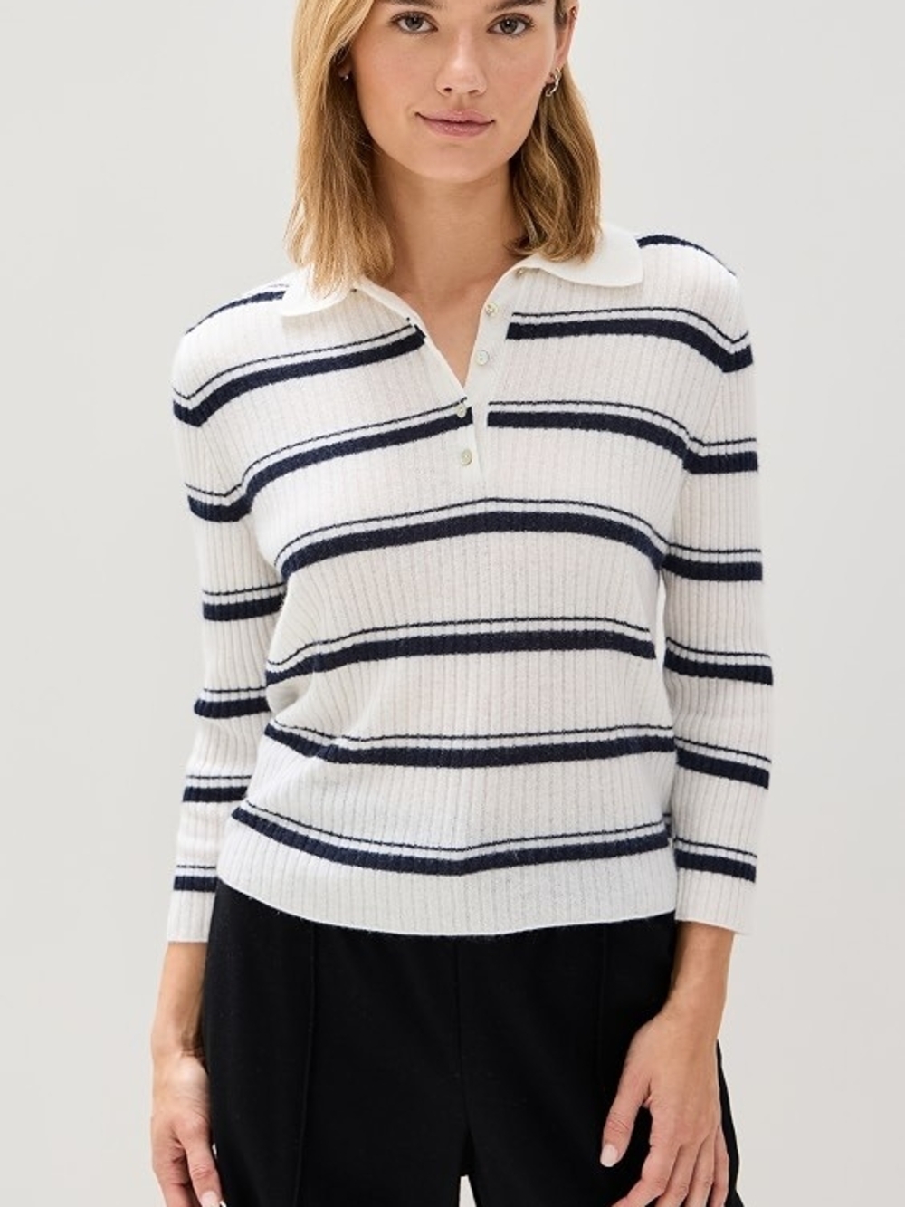 Vince Striped Cashmere Silk Blend Polo Sweater Coastal Blue White M Ribbed 2024